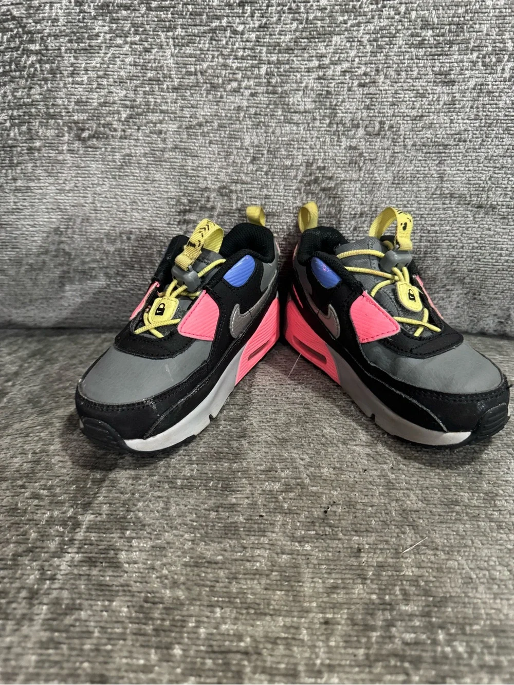 Nike Air Max 90 Toggle Athletic Sneakers in Black, Gray & Pink Yellow Accent 9C
